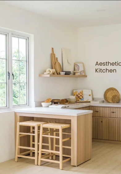 Light wood kitchen set with two stools by a window